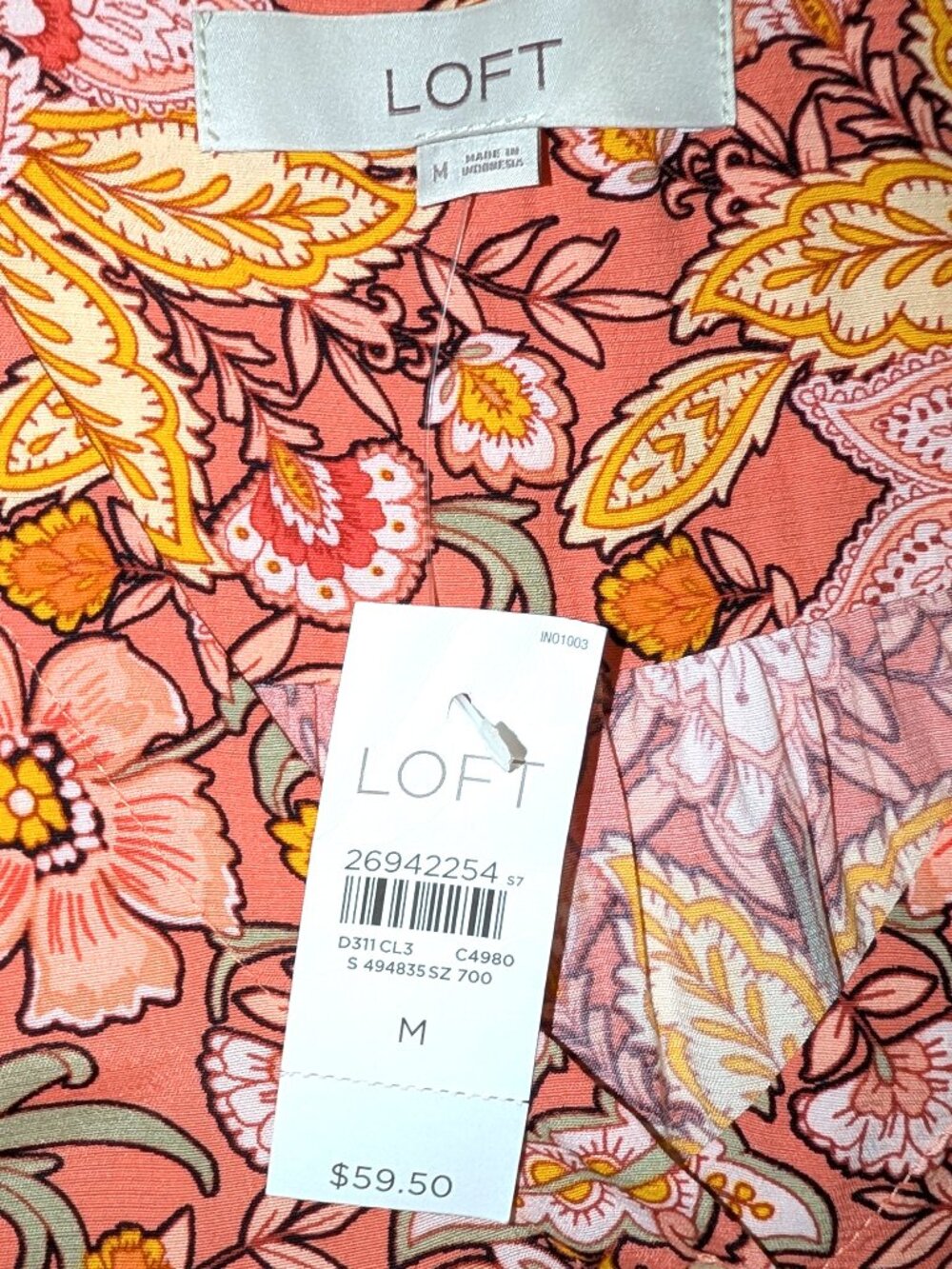 NWT LOFT | Button Front Peach Floral Top Long Sleeve | Size Medium - Picture 3 of 10